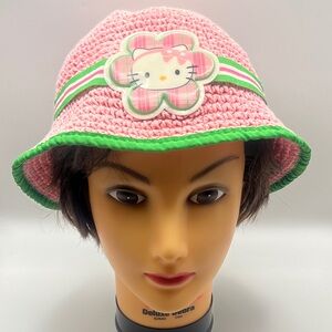Sanrio Hello Kitty Pink & Green Crochet Bucket Hat with Ribbon & Floral Accent